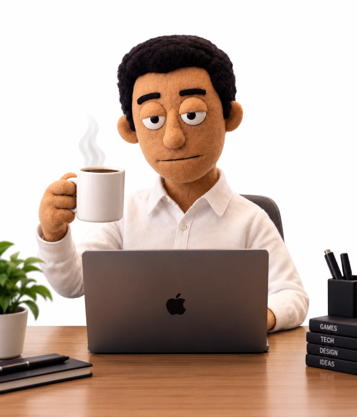 O novo bonequinho do VelhoBit, com uma xícara de café e seu notebook
