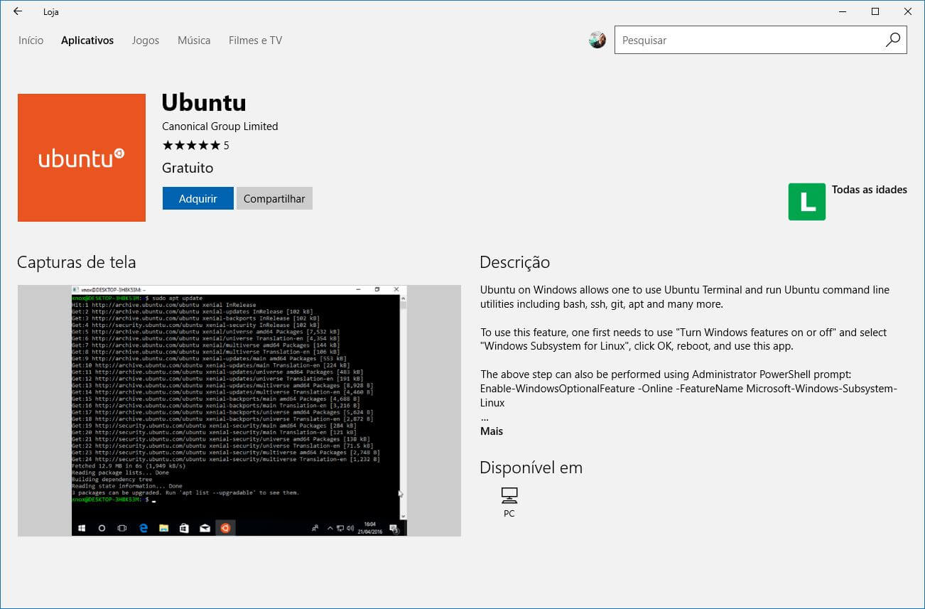 Loja da Microsoft com o Bash do Ubuntu