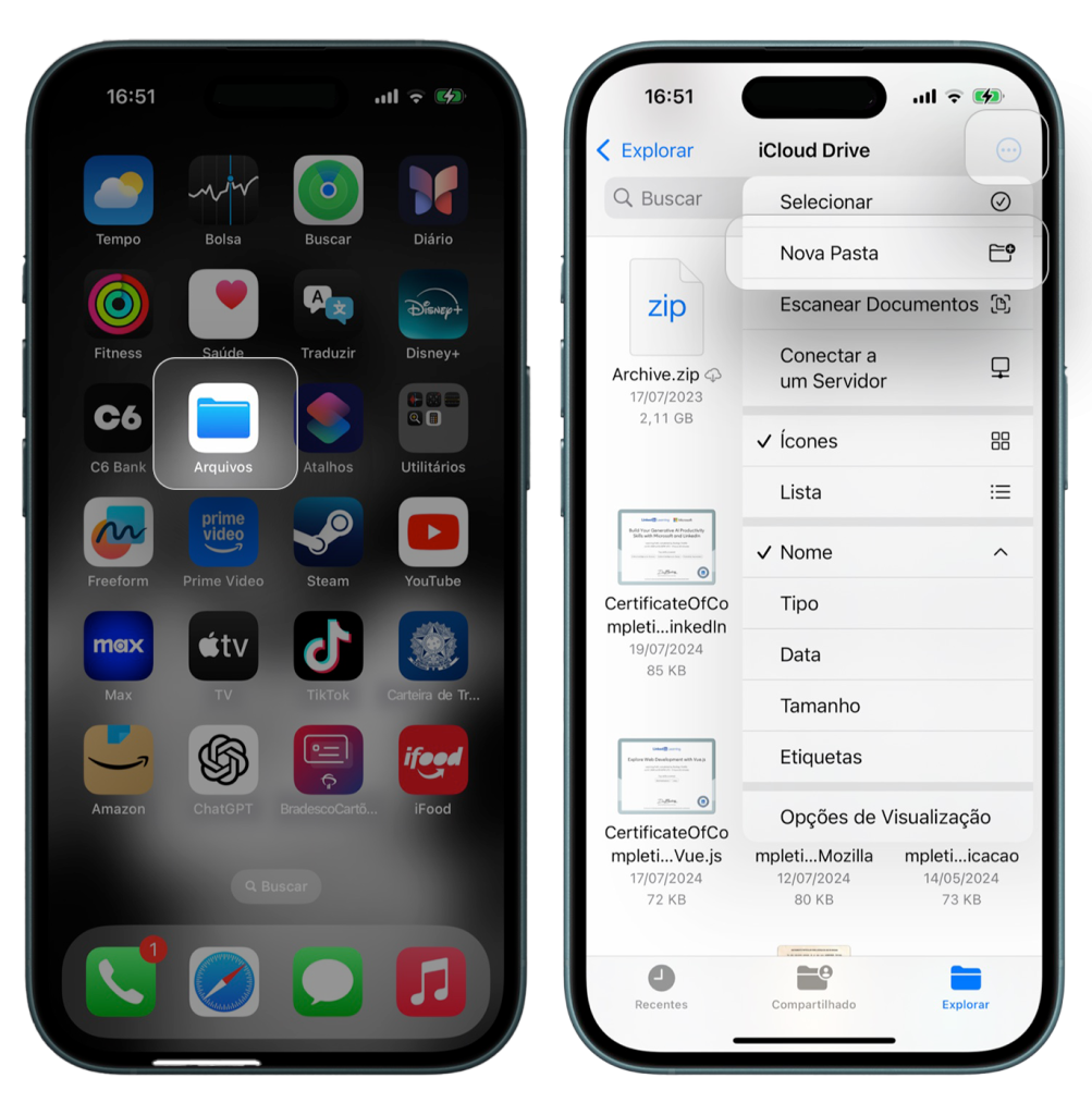 Home do iPhone - App arquivos selecionado
App Arquivos > iCloud Drive > Mais opções abertas selecionando Nova Pasta