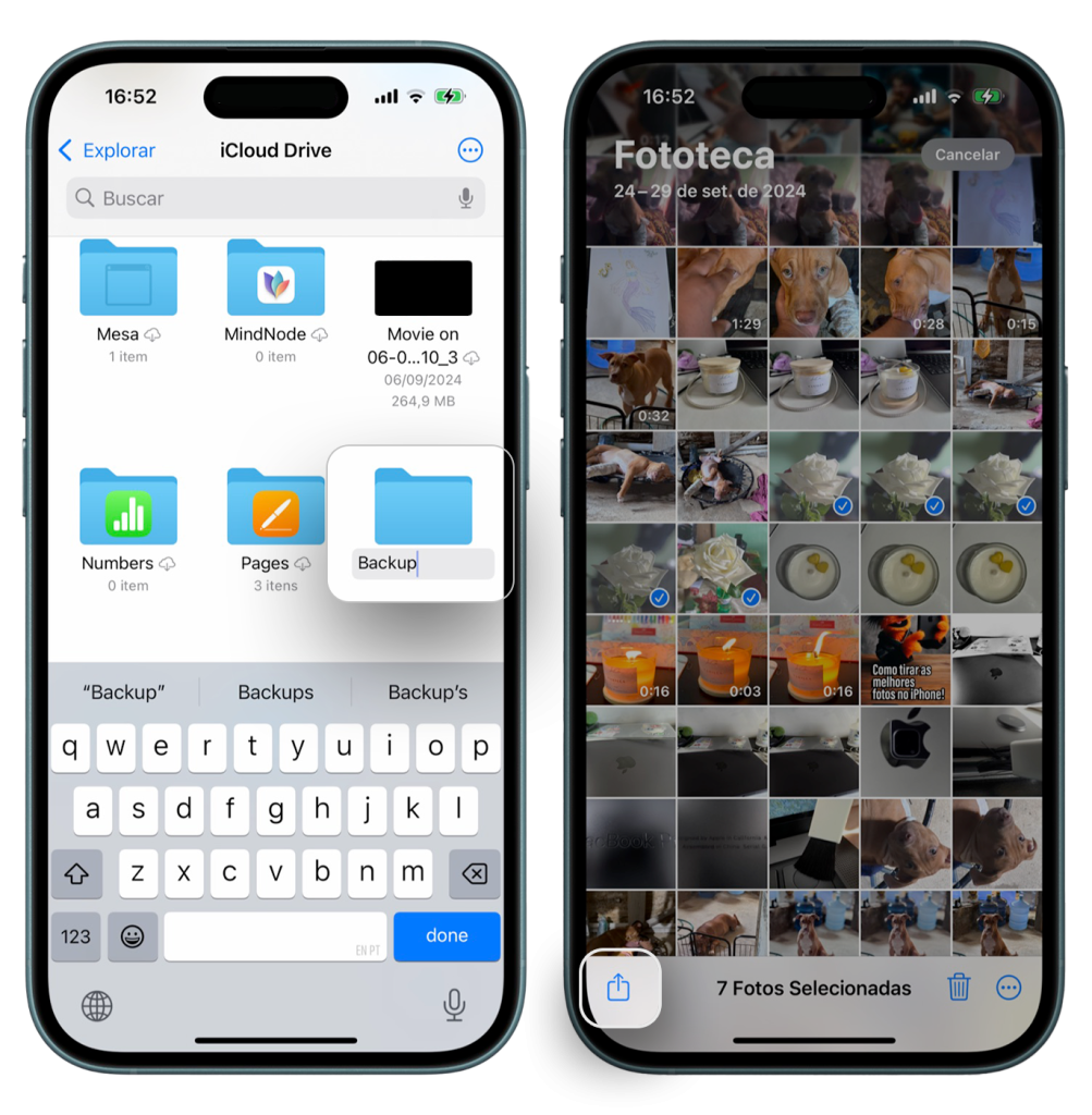Tela do app Arquivos > iCloud Drive - Pasta Backup selecionada
Tela do app Fotos > botão Compartilhar selecionado e algumas fotos marcadas como seleção