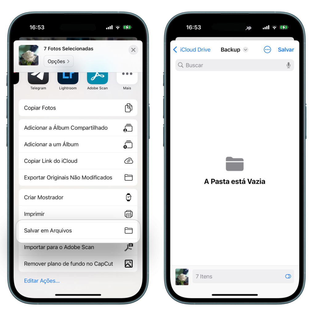 Tela de compartilhamento > Opção Salvar em Arquivos
Tela de Compartilhamento iCloud Drive > Backup, com o texto "A Pasta Está Vazia"