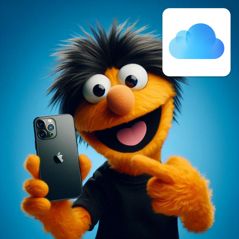 Muppet apontando para iPhone com símbolo do iCloud acima